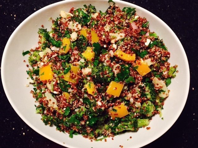 Red Quinoa Salad with Roasted Broccoli & Cauliflower